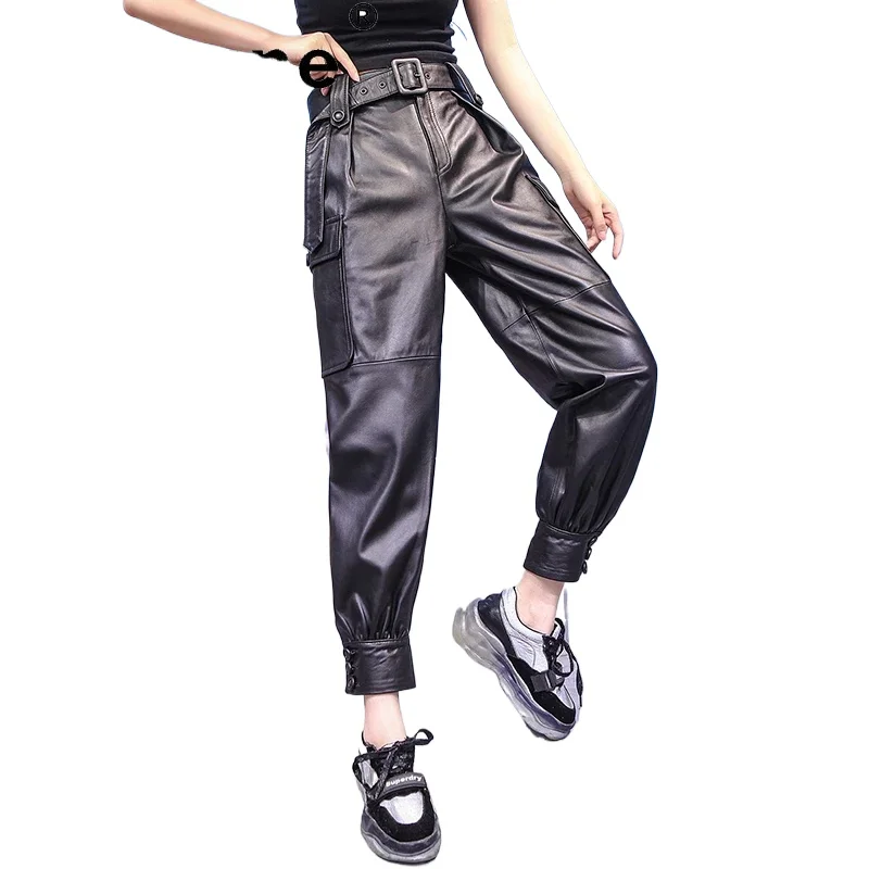 

Tajiyane Fall 2020 Cargo Pants Women Genuien Leather Trousers Woman High Waist Pants Womens Cloth Oversize Pantalon Femme TN1281