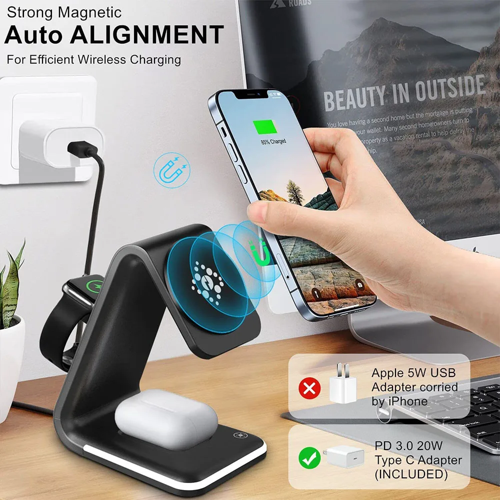 Soporte de cargador inalámbrico magnético 3 en 1 de 20W para Apple Watch 7 6 15W, estación de carga rápida para iPhone 13 12 AirPods 2 Pro