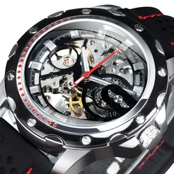 WINNER Sports Outdoor Automatic Watch for Men Luminous Hands Black Skeleton Mechanical Watches Luxury Brand Rubber Strap Clock