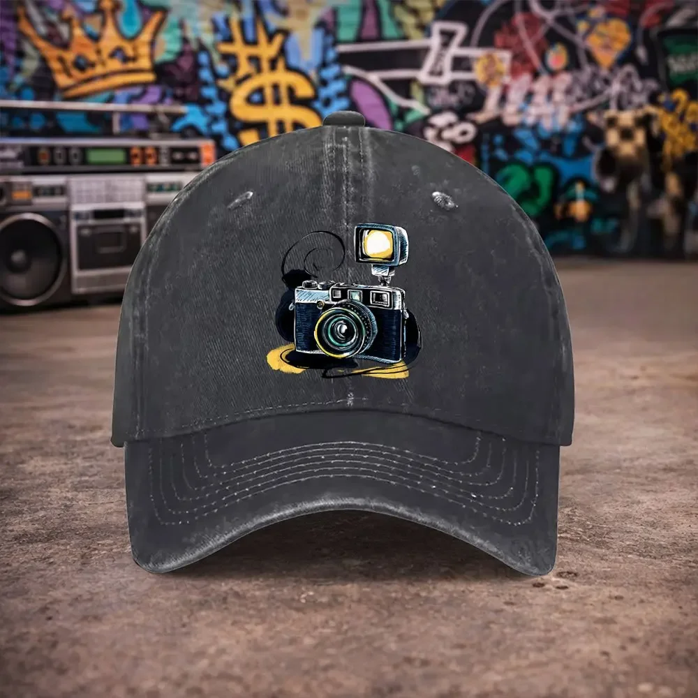 1pc Unisex Vintage Camera Print Washed Baseball Cap - Men's Trendy Hat - Versatile Duckbill Cap - Fun Print - A Unique Birthday