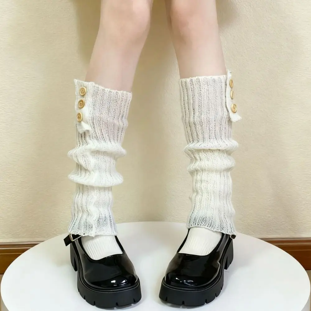 Crochet Lolita Leg Warmers Fluffy Stretchy Knitted Boot Cuffs Warm Foot Cover Retro Buttons Decoration Long Knitted Socks