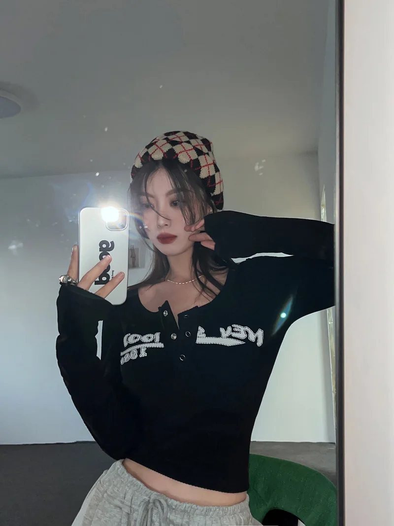 New Fashion Women Sexy Slim Crop Top Retro Graffiti Print Elastic T Shirt Ribbed Long Sleeve O-neck Tops Grunge Tee Tops