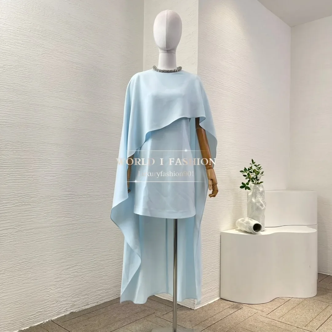 

2025 New Women's Elegant Light Blue Sleeveless Asymmetrical Cape Midi Dress