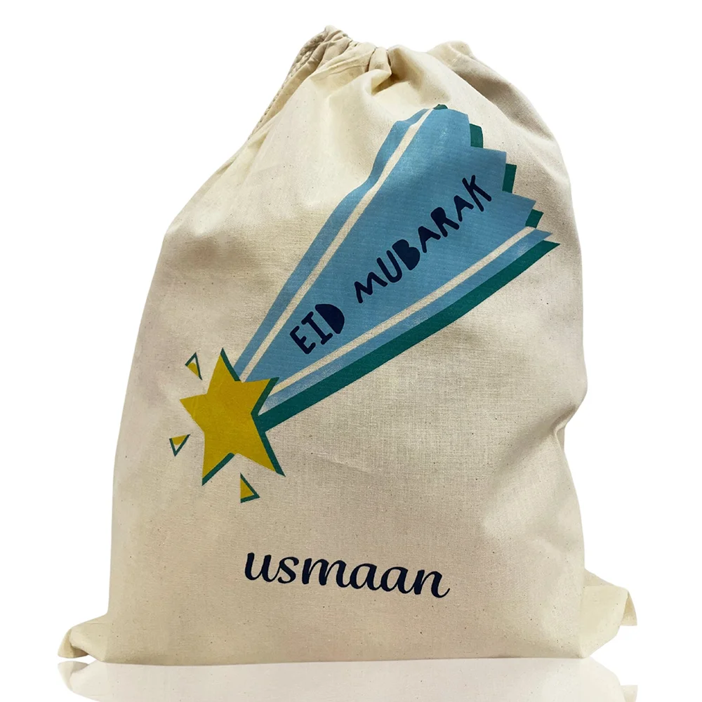 

Personalised Name Large Drawstring Bag with Star and Eid Mubarak Banner Holiday Home Decoration Accessories Eid Children's Gift