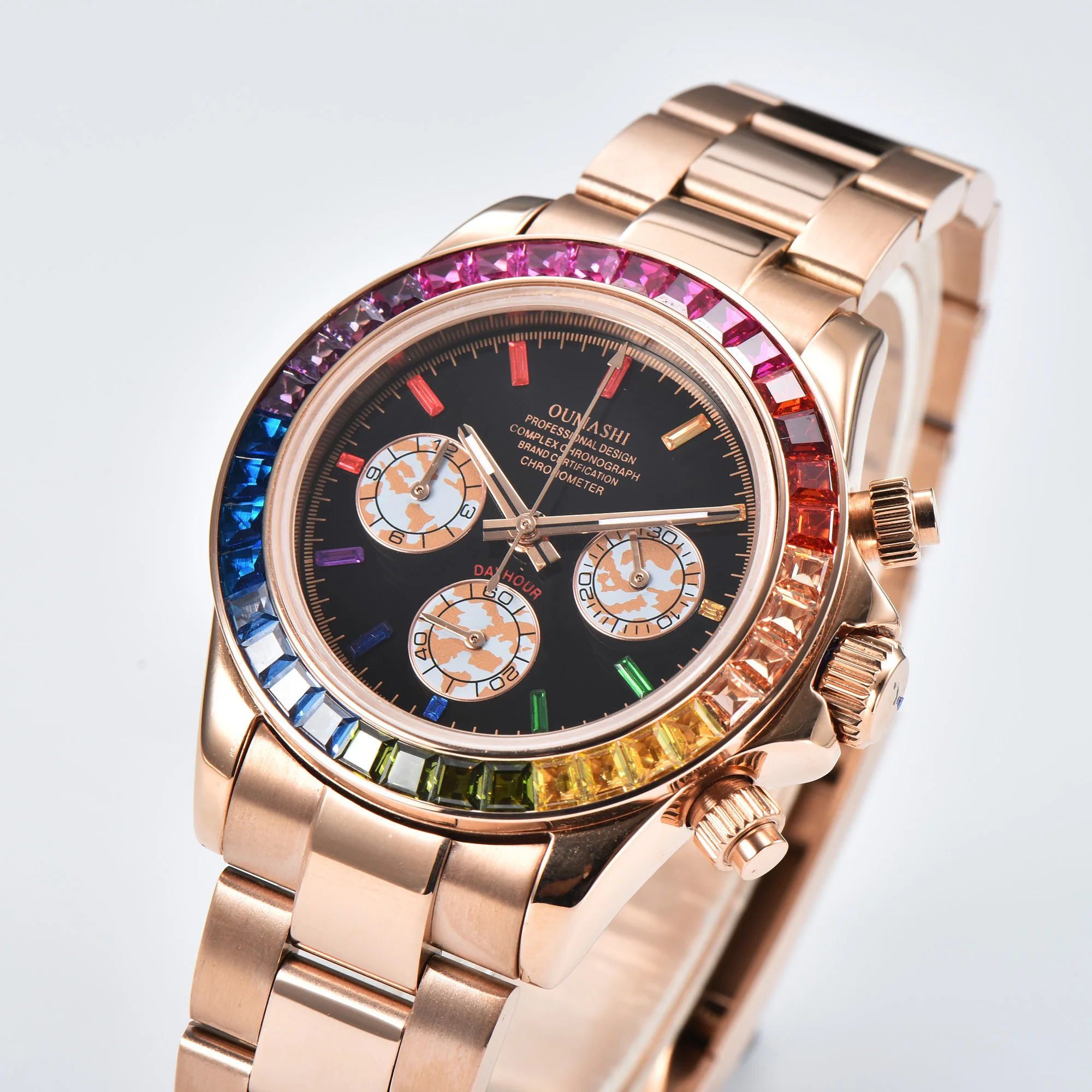 40mm Rose gold Men's Quartz Watch Rainbow Watch Sapphire Luxury Chronograph Stainless Steel Waterproof Men's Watch vk63 movement