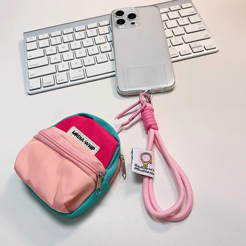 Mini Backpack Shape Keychain Coin Purse With Wrist Strap, Portable Earphone Lipstick Card Storage BagBag Pendant For Case Decor