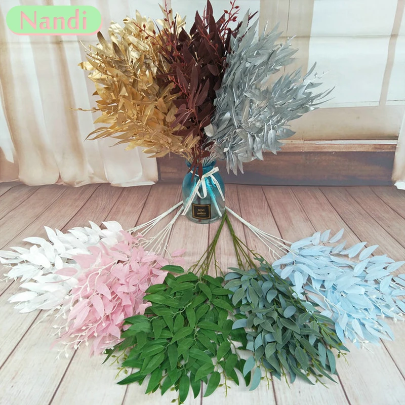 Gold Silver Artificial Plant Artificial Grass Plastic Fern Green Leaves Fake Flower Plant Wedding Home Decor Table Decoration