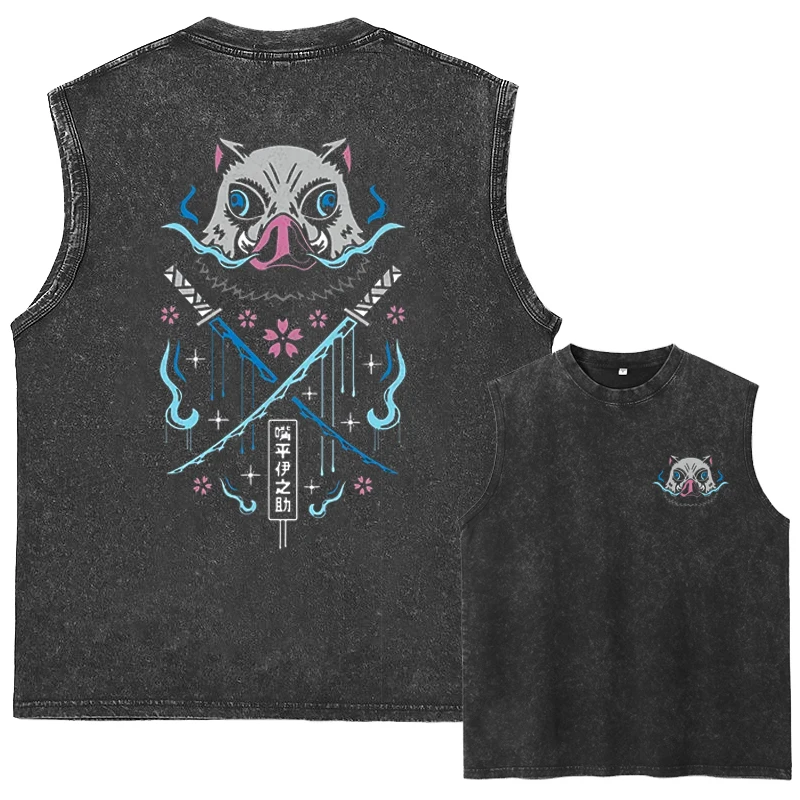 

Men'S Summer Washed Black T-Shirt Retro Loose Japanese Anime Print Sleeveless Vest Casual Street Harajuku Cotton T-Shirt Top 3XL
