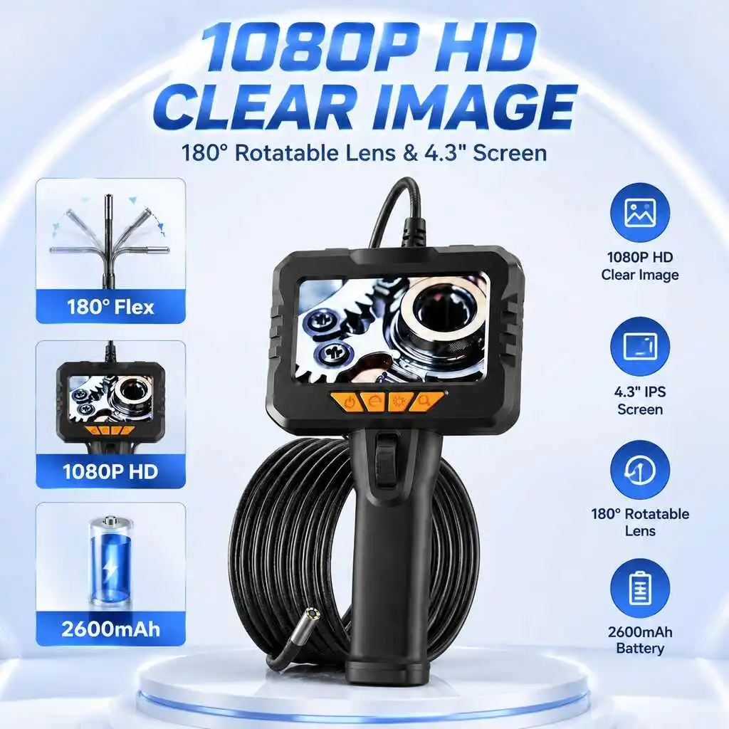 4.3 Inch 6mm Articulating Borescope Camera LCD 1080P HD Industrial Endoscope with Two-Way Steerable Probe for Engine Inspection