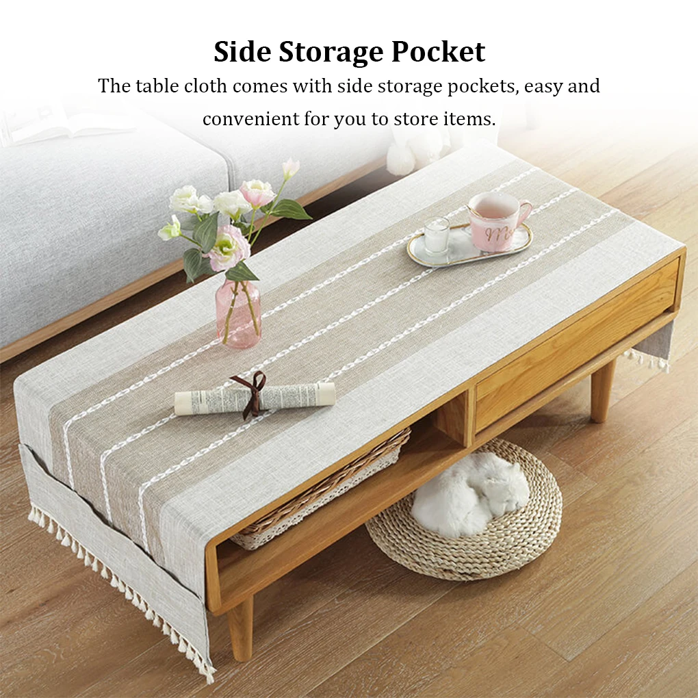

Cotton Linen Tablecloth with Side Storage Pocket Stain Resistant Mat Tea Desktop Fringe Table Cloth Living Room 70180cm