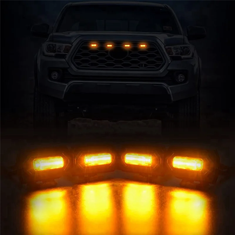 ABZV-4PCS Lampu Kisi Depan LED Mobil Lampu Panggangan Eksternal Lampu Kuning Asap Aksesori Mobil