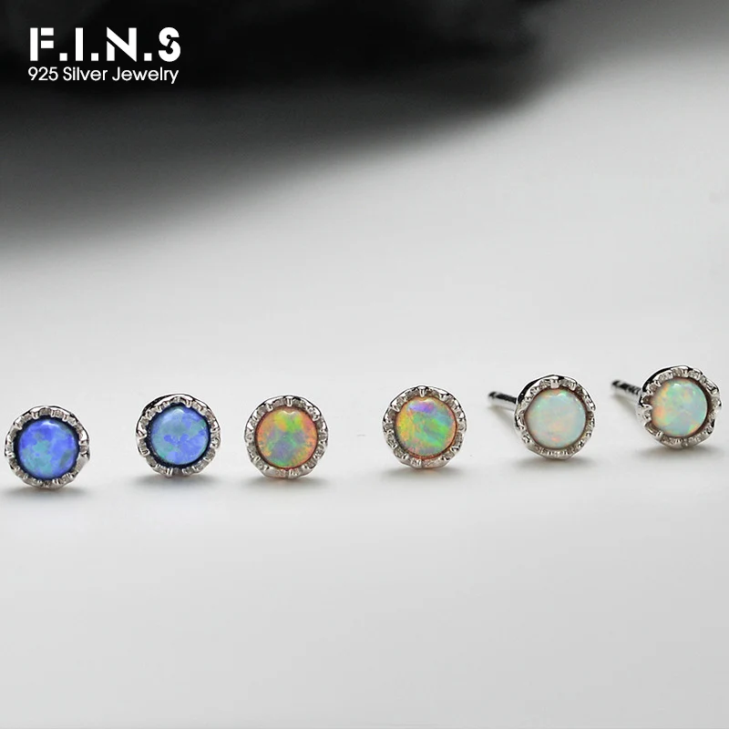 

F.I.N.S Korean Simple S925 Sterling Silver Colored Opal Stud Earrings Small Texture Piercing Mini Ear Hypoallergenic Fine Jewels