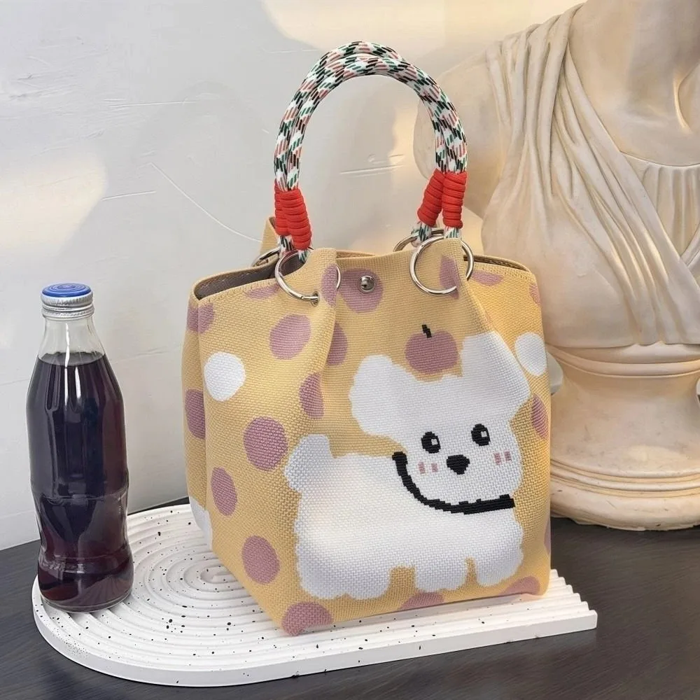 กระเป๋าถักมือดีไซน์ไม่ซ้ำใคร ลายสุนัข จุของได้เยอะ สะพายไหล่ หัวเข็มขัดแบบวงแหวน ลายจุดการ์ตูน กระเป๋าคล้องมือสำหรับผู้หญิง