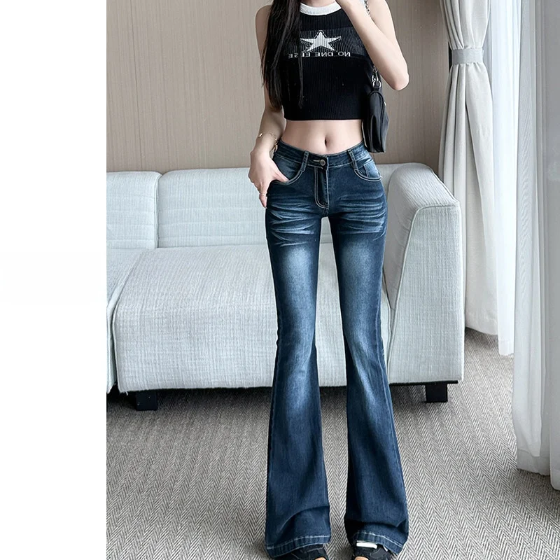 

Slimming High Waist Bell Bottom Jeans Women's Elastic Stretchy Long Ankle Bell Pants Casual Washed Denim Mid-Length Skinnies