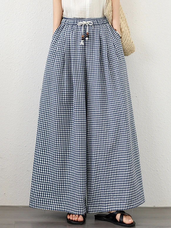 Retro Plaid Cotton Linen Wide Leg Pants Women Summer Loose Fit plus Size Drapey Conceal Flattering Casual High Waist Trousers