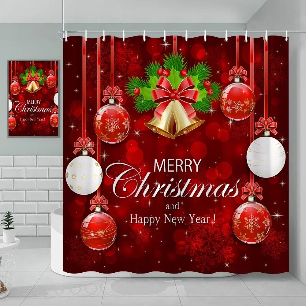 Christmas Shower Curtain, Santa Claus Snowman Winter Farm Animals Christmas Tree Merry Christmas Holiday, Bathroom Decor