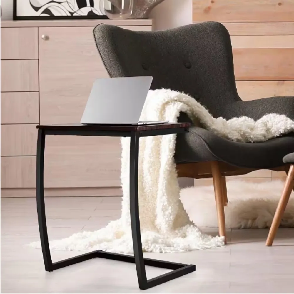 

22 in. and 24.5 in. Coffee C-shaped Wood End Table with Steel Frame for Living Room Reception, Mid Century Modern Furniture