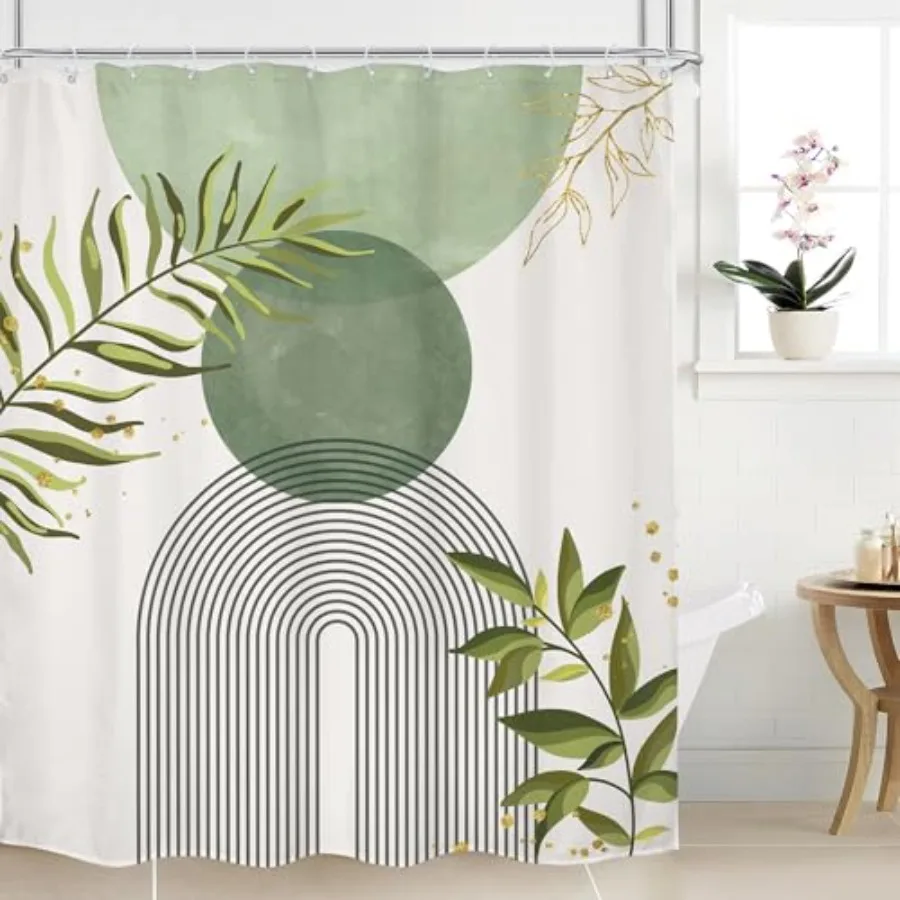 

Sage Green Boho Shower Curtain 60Wx72H Modern Bohemian Abstract Leaves Olive Dark Green Mid Century Plant Bathroom Decor Minima