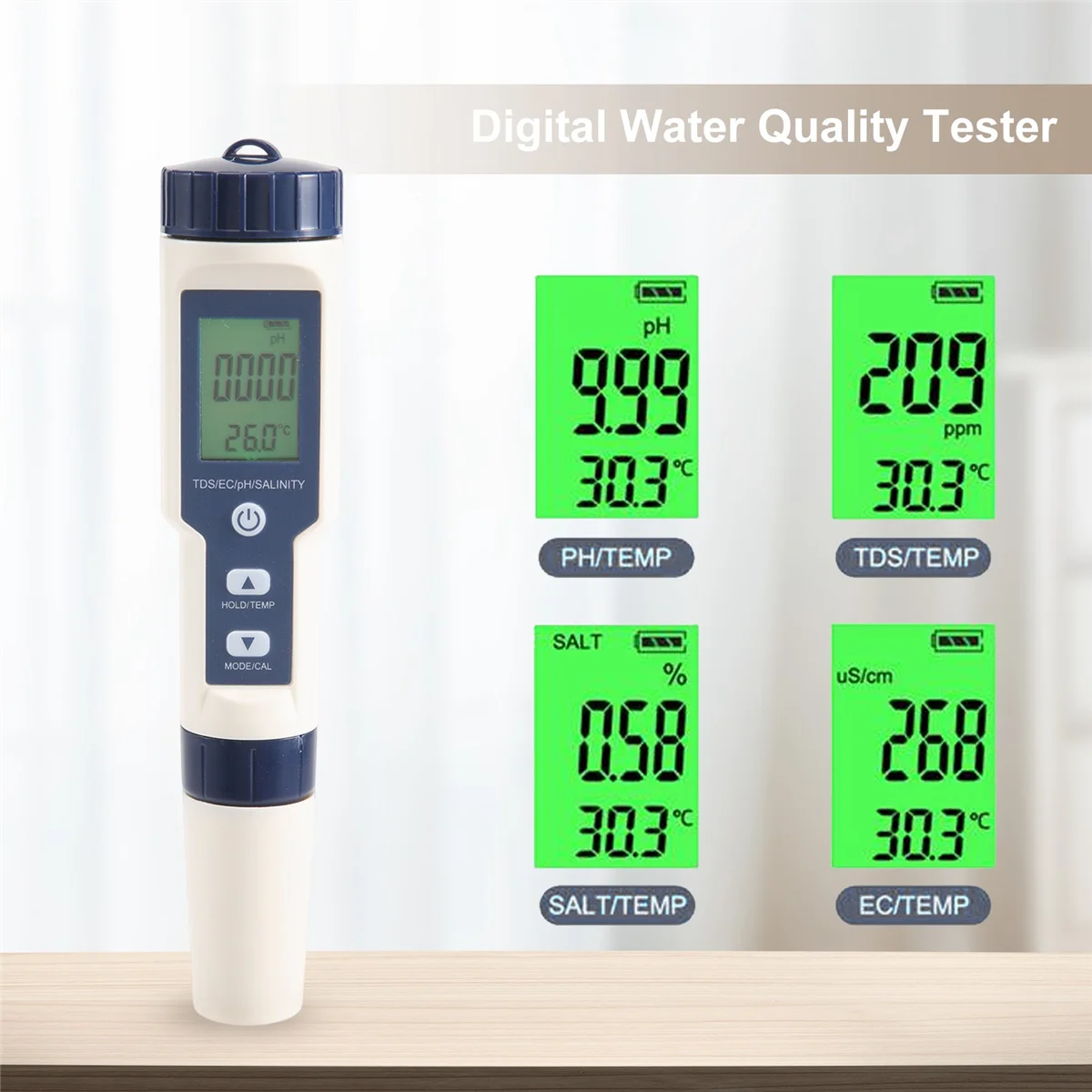 Medidor de qualidade da água digital, monitor testador para piscinas, água potável, aquários, TDS, CE, PH, salinidade, temperatura, 5 em 1