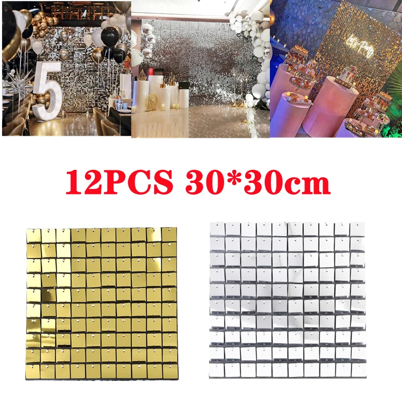 12Pcs/set Golden Silver Sequin Wall Panels Background Board 3D Sequin Wall Panelsfor Wedding Party Decorative Shimmer Sequin Wal