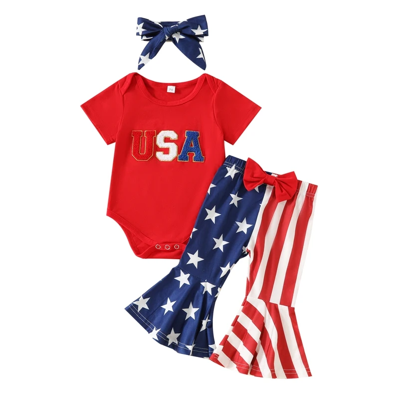 Baby Girl 4th of July Outfits Set Short Sleeve Letter Embroidery Romper Stars Stripe Print Flare Pants Headband