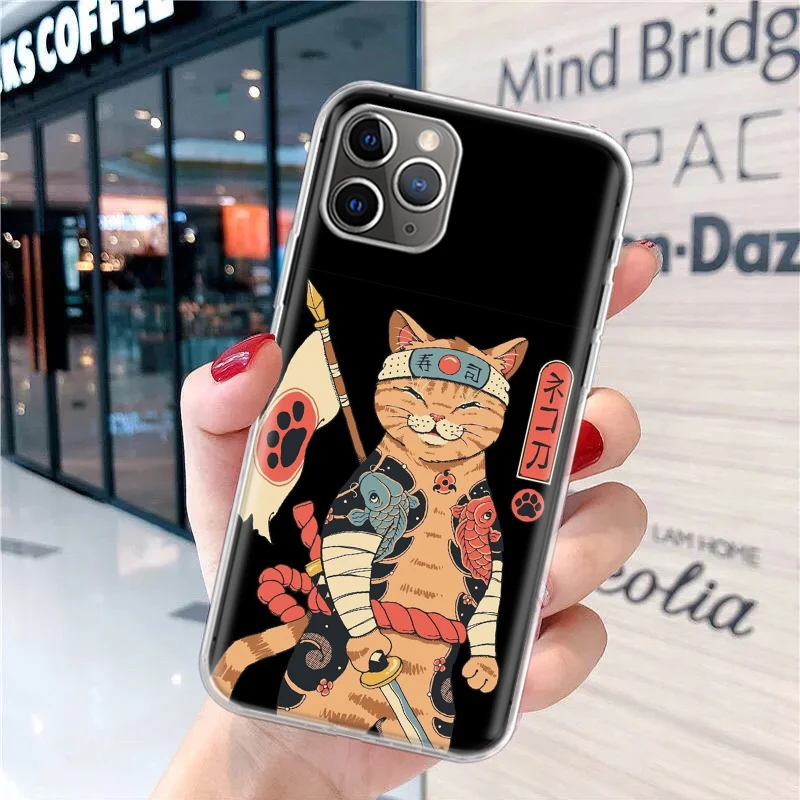 Ramen Sushi Samurai Tattoo Cat Soft Phone Case for iPhone 16 15 14 Plus 13 12 Mini 11 Pro Max 7 + Apple XS X SE 2020 8 Cover She