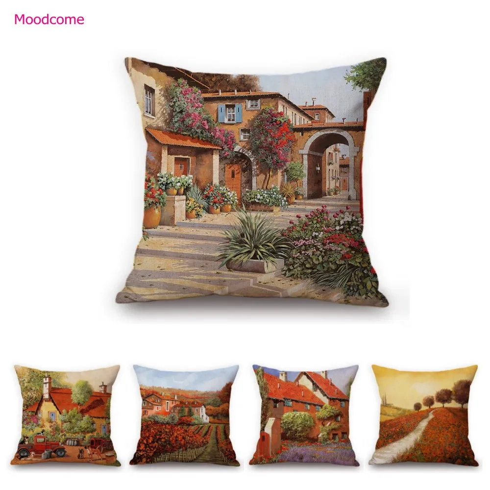 Acogedor campo otoño vista hermosa decoración del hogar funda de almohada de sofá de lino de algodón funda de cojín de arte mediterráneo antiguo