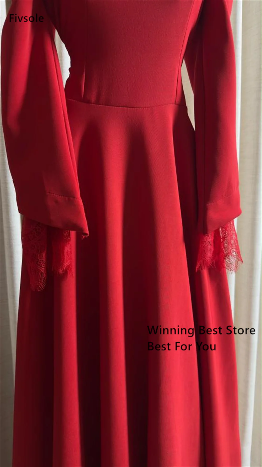 Fivsole Off Shoulder Red Evening Dress Long Sleeve Lace Party Gown Trim Crepe Prom Dress 2026 Customized