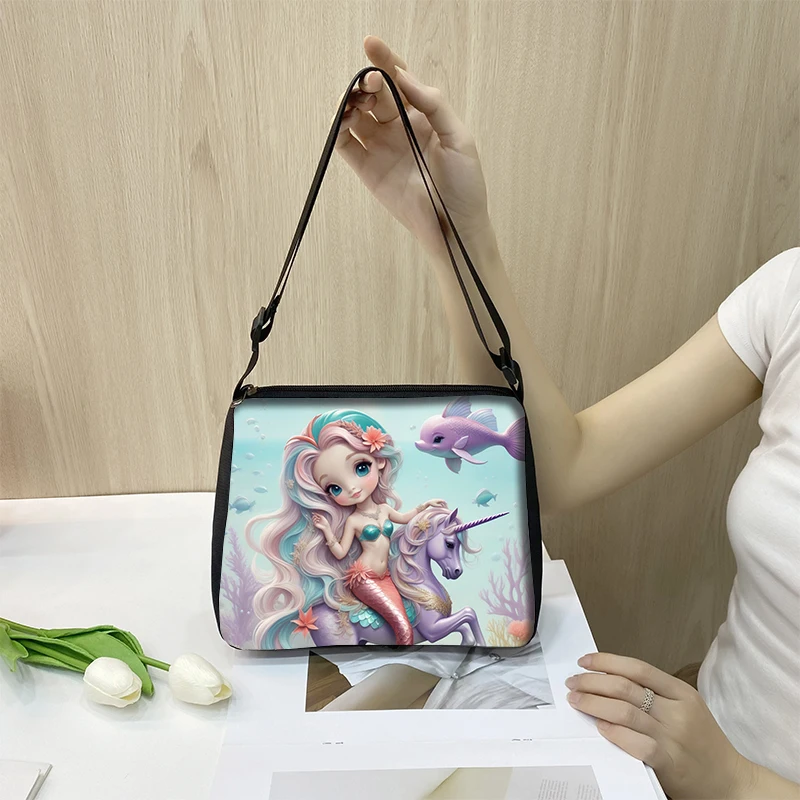 Cute Unicorn Mermaid Print Shoulder Bag Women Handbags for Travel Portable Crossbody Bags Phone Holder Student BookBags Gift