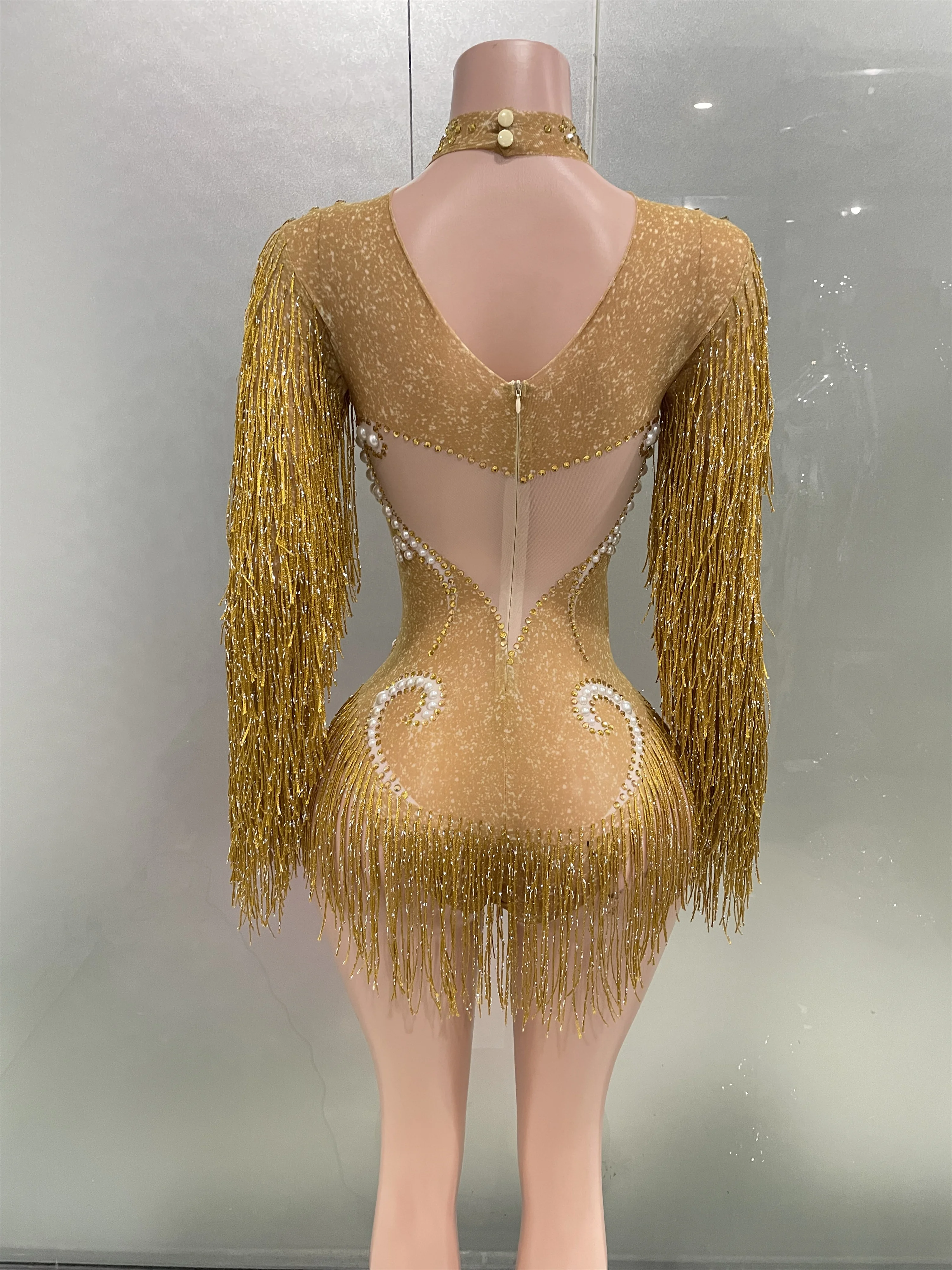 Women Sparkly Gold Rhinestones Pearls Tassel Long Sleeve Bodysuit Sexy Performance Dance Costume Nightclub Singer Stage Wear