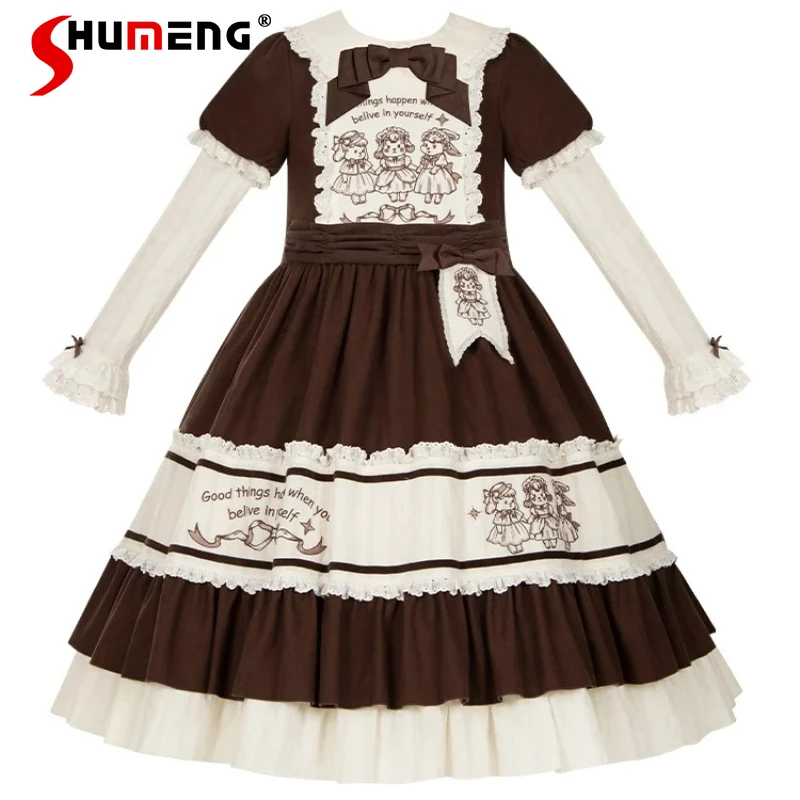 

Japanese Style Beautiful Doll Feeling Embroidery Color-Block OP Twin Dress Rojita Sweet Cute Long High-waisted Vestidos Autumn