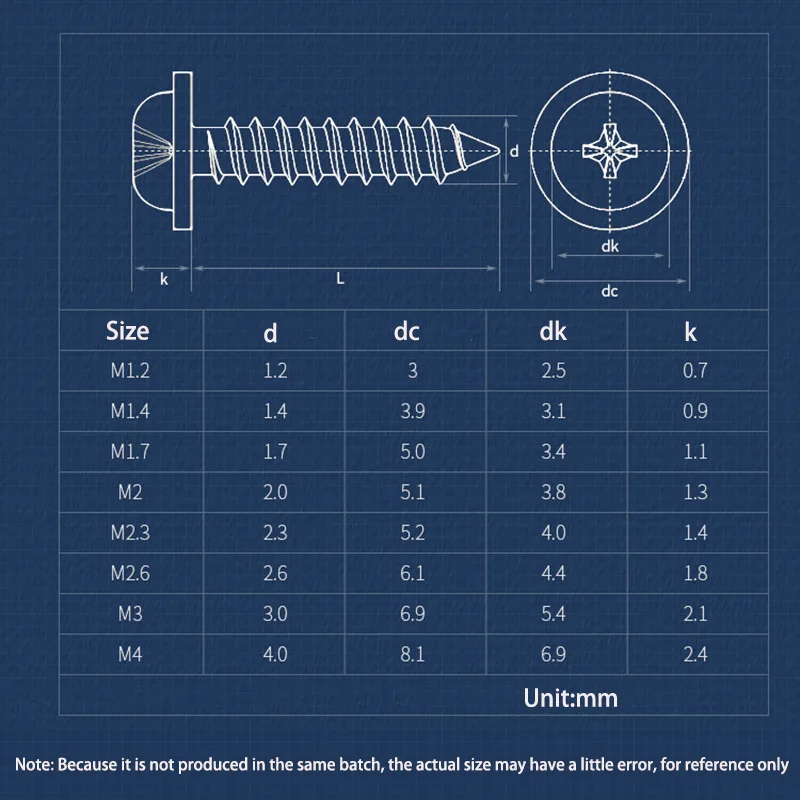 200/100pcs Round Head Phillips Self Tapping Screw With Washers Carbon Steel Cross Pan Head Screw Bolt M1.2 M1.4M1.7 M2 M2.3 M3M4