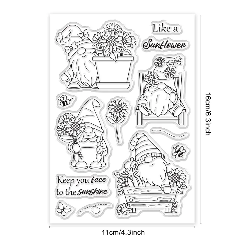 1Sheet Gnome Dwarf Silicone Clear Stamp Butterfly and Bee Flower Transparent Silicone Stamp Sunflower Clear Stamp for Scrapbook