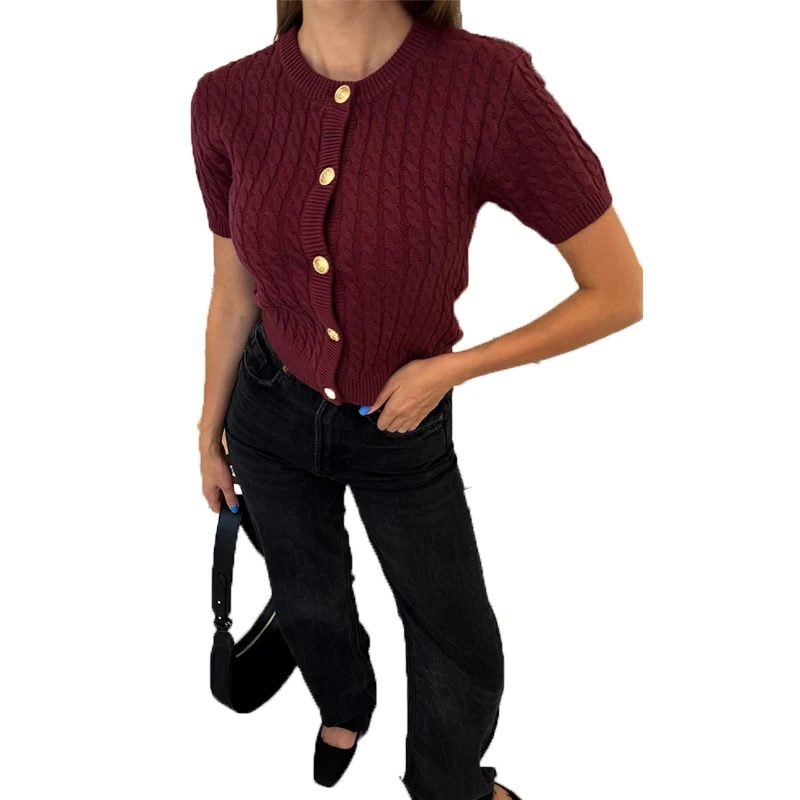 Femmes élégant solide Cardigan haut mode bordeaux rouge col rond mince à manches courtes printemps bureau dame Chic solide à manches longues extérieur