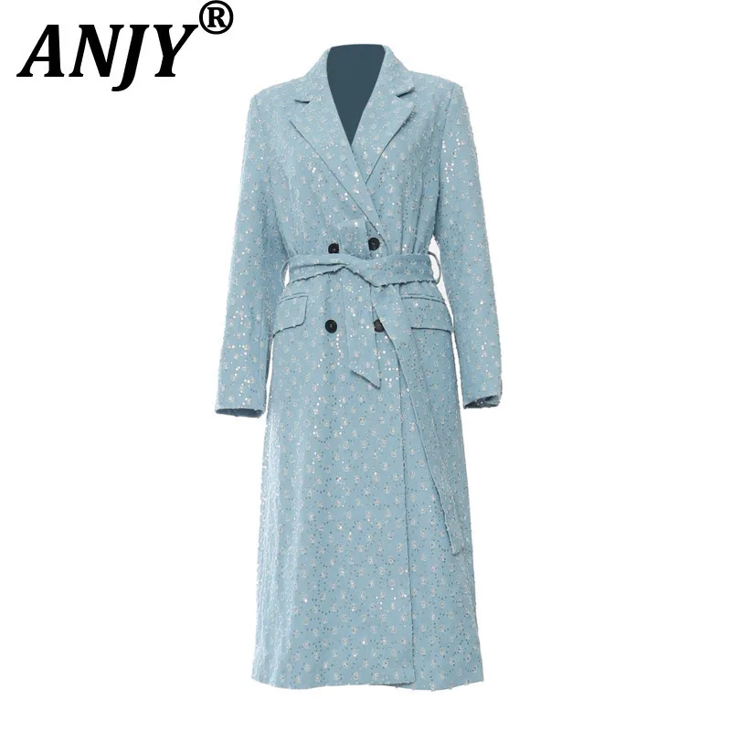 

ANJY 2025 Spring Autumn Winter New Women Tide Heavy Beaded Denim Trench Coat Elegant Chic Ins Windbreaker Double Breasted A14061