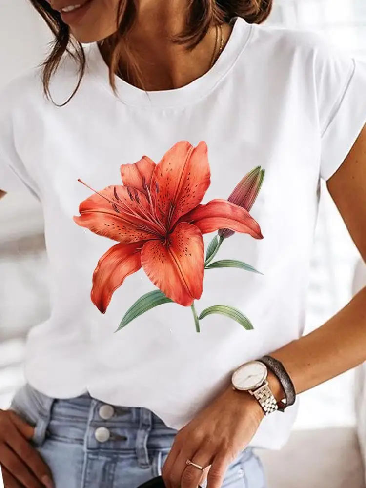 Watercolor Flower Clothes T Female Clothing For Women Graphic Tee Fashion Lady Casual Top O-neck Short Sleeve Print T-shirts