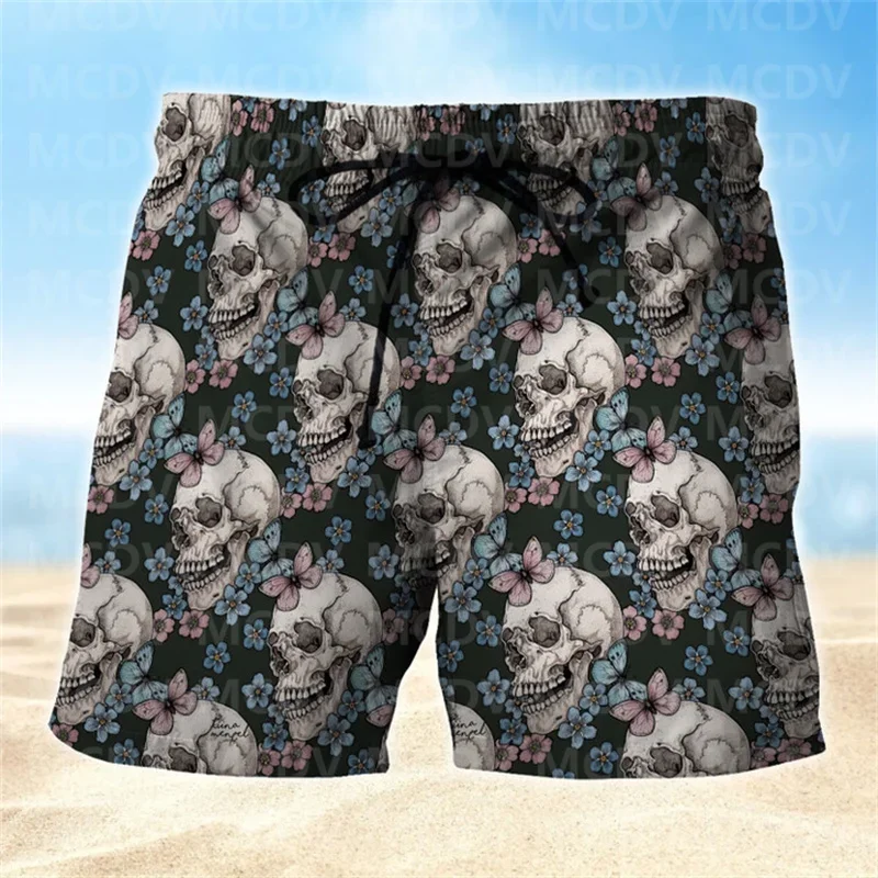 Black Melting Skull Skull Short Lover Men's Swim Trunks, Skull Lover Hawaiian Shorts for Men