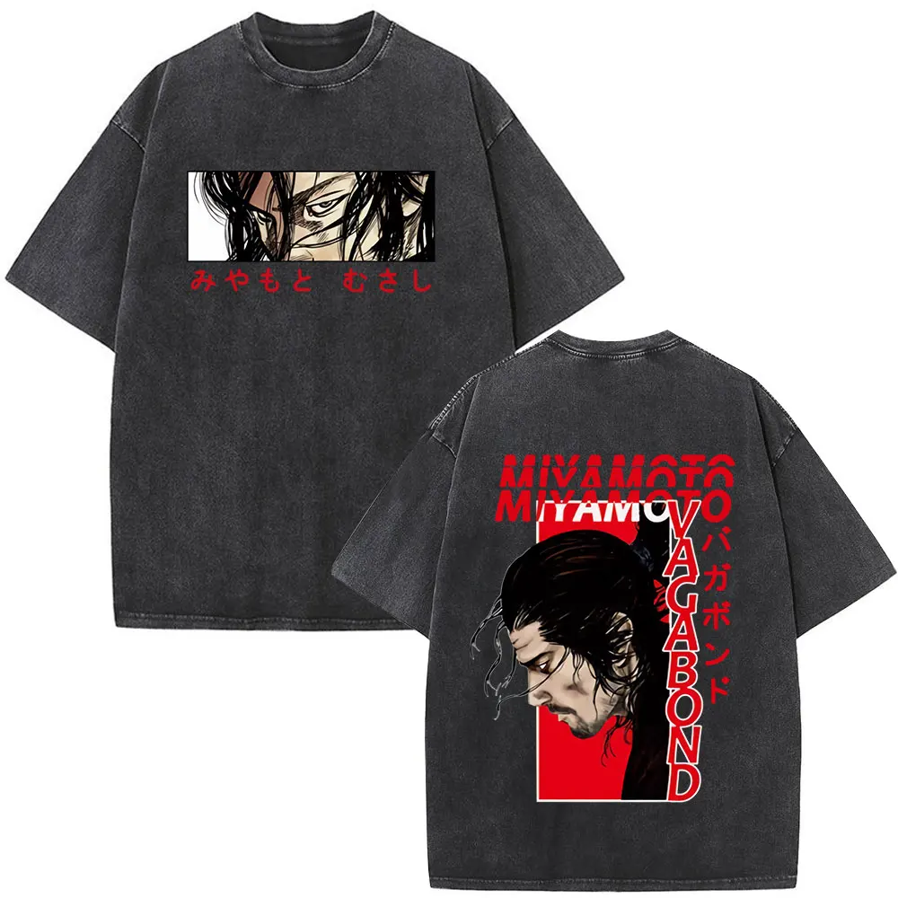 Vintage Washed Anime Vagabond Miyamoto Musashi Manga T-shirts Men Women Clothing Casual Cotton Short Sleeve T Shirts Streetwear