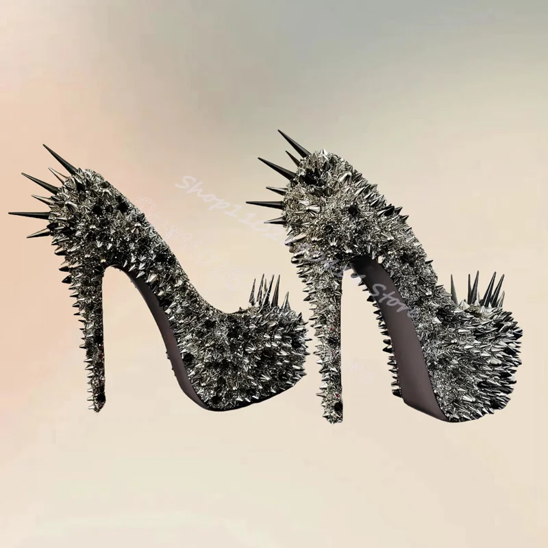 Sexy Gold Spikes Decor Round Toe Platform Pumps Slip On Women Shoes Thin High Heels Novel Party Banquet 2024 Zapatos Para Mujere