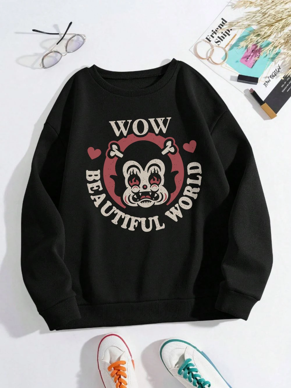 Beautiful World Sweatshirt Women Black Animal Prints Hoodies Fleece Warm Crewneck Oversize Clothes Winter Sporty Female Tops