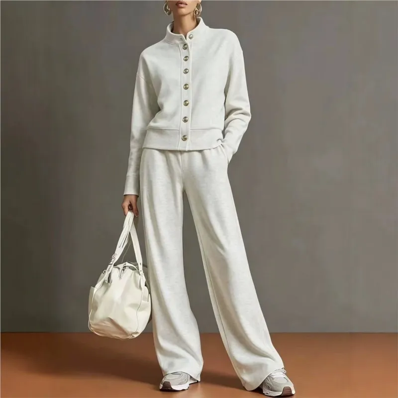 Women's 2-piece Sets Solid Button Bomber Jacket Sweatshirt High-waisted Straight Trousers Set Autumn Winter Loose Pants Suit