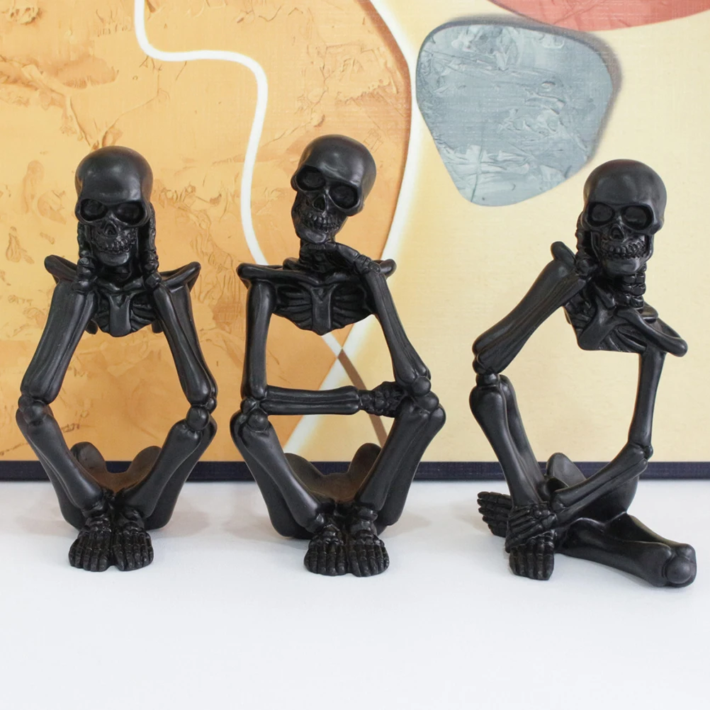 

3 Pcs Thinker Set Decor Skull Ornaments Decorations Halloween Indoor Statue Skeletons Sculptures Desktop