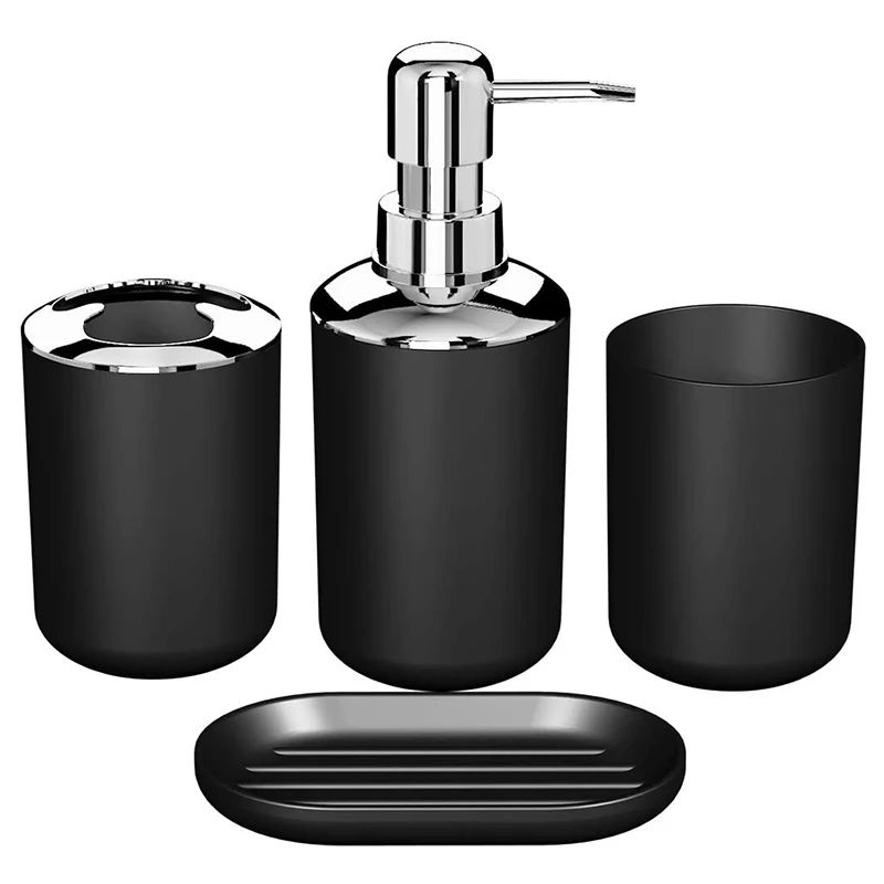 4 Pcs Plastic Bathroom Accessory Set Bath Toilet Brush Accessories Set with Toothbrush Holder Toothbrush Cup(Black)