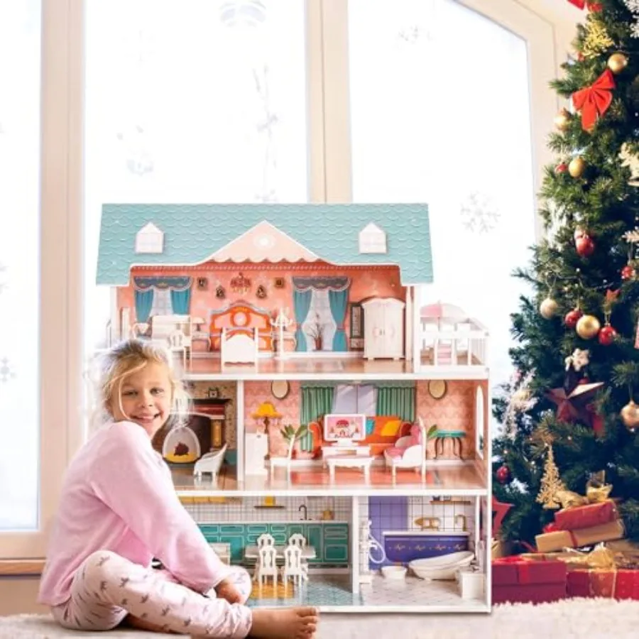 Wooden dollhouse for girls 3-6, blue, durable wood, smooth edges, 3-level 6-room design with 31pcs furniture set, ideal for pre