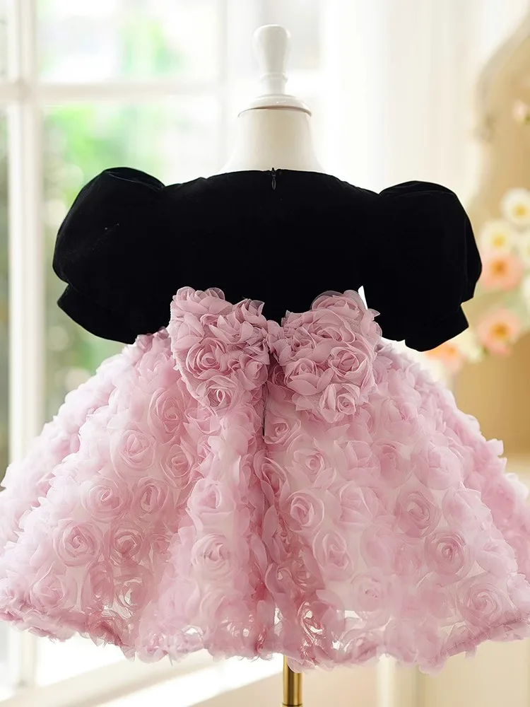 New Girls Elegant Evening Princess Ball Gown Children Cute Bow Beading Puff Sleeve Design Birthday Party Wedding Dress y1239