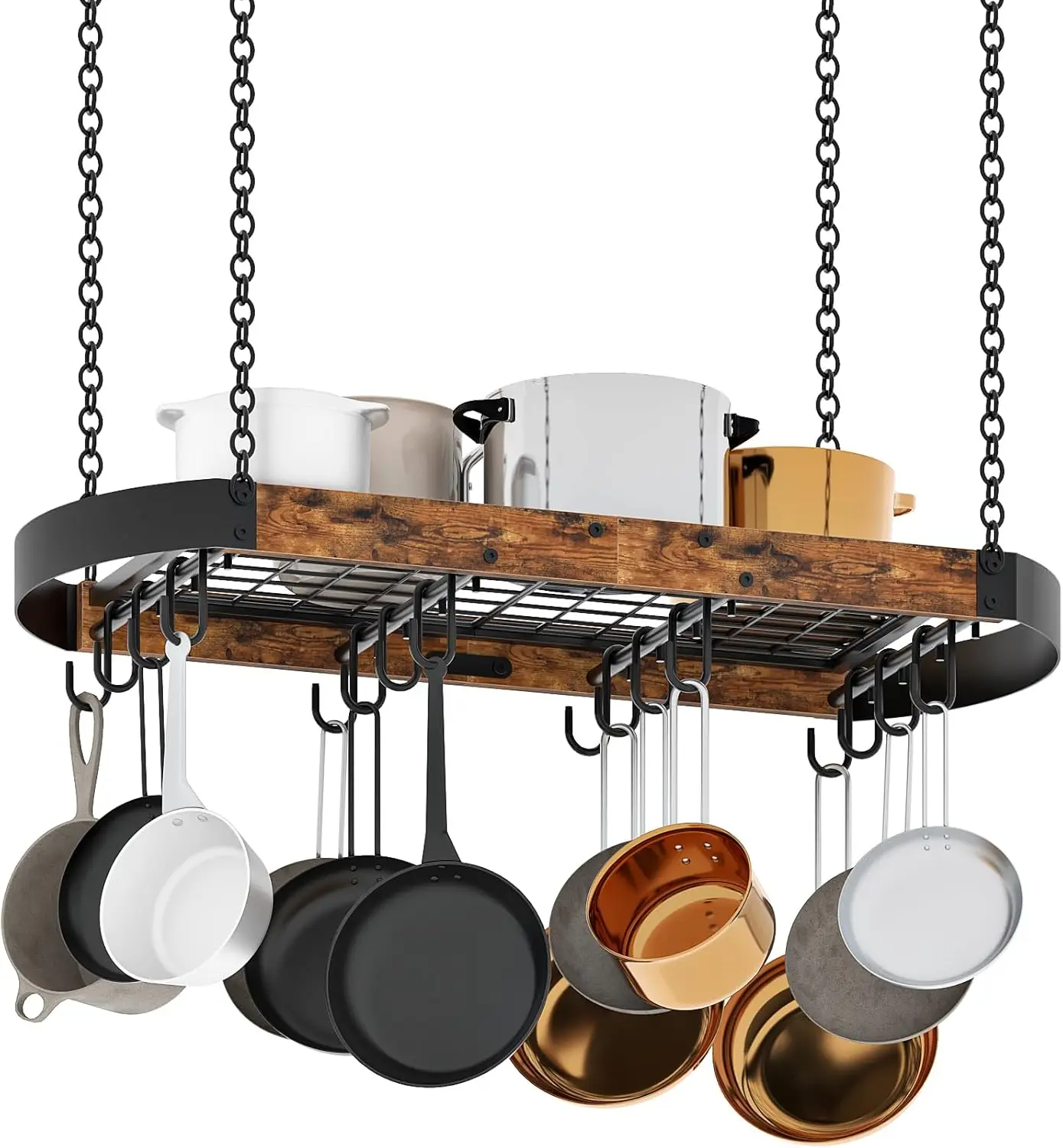 

31.7-Inch Ceiling Pot Rack with 16 Hooks, Space-Saving Kitchen Storage in Rustic Brown and Black