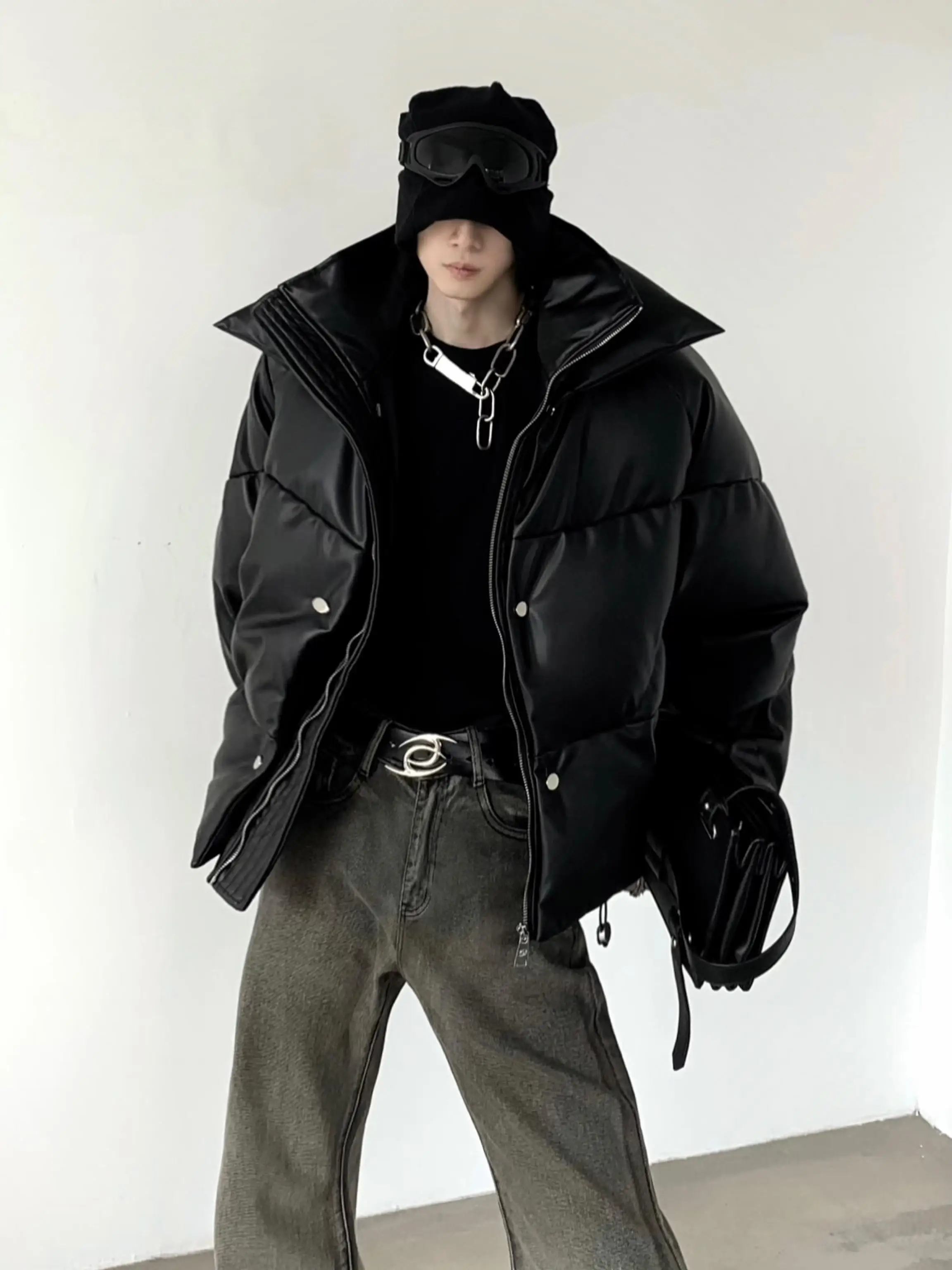 Autumn Mountain Wind Double Layer Collar Design PU Leather Cotton Jacket Men's Winter American High Street Thick Cotton Coat
