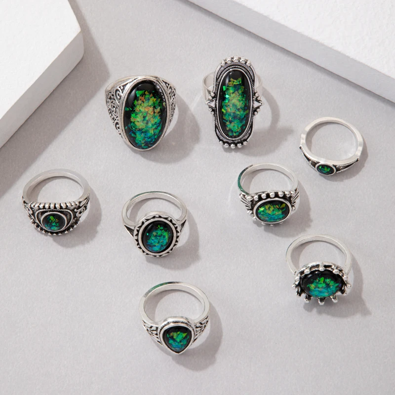 Tocona New Vintage Black Color Opeal Stone Water Drop Ring Sets for Women Men Trendy Geometry Party Jewelry кольца 8pcs/set
