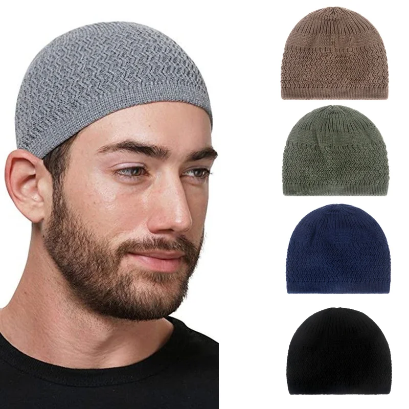 New Daily Pullover Wave Style Knitted Soft Prayer Hats Unisex Beanies Cap Warm Islamic Jewish Men's Windproof Wrap Head Hat