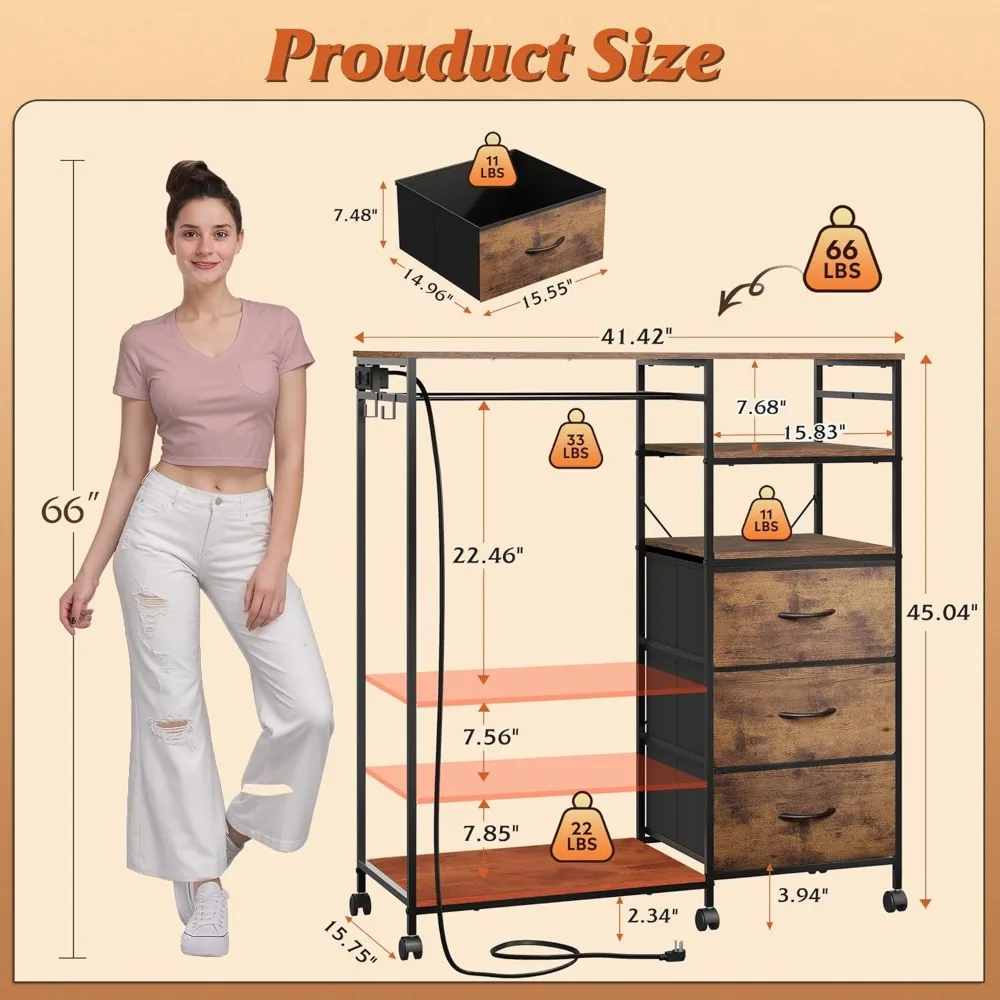 42'' LED Dresser with Charging Station, 3 Drawers & Hanging Rack, Fabric Storage Organizer with Open Shelves, Brown
